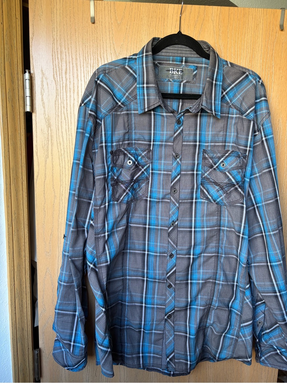 BKE Men's Blue and Gray Plaid Button-Up Shirt XXL